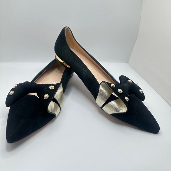 Roger Vivier Black Suede Lolita Pearl Embellished Bow Ballet Flats Sz 39 - Picture 2 of 13